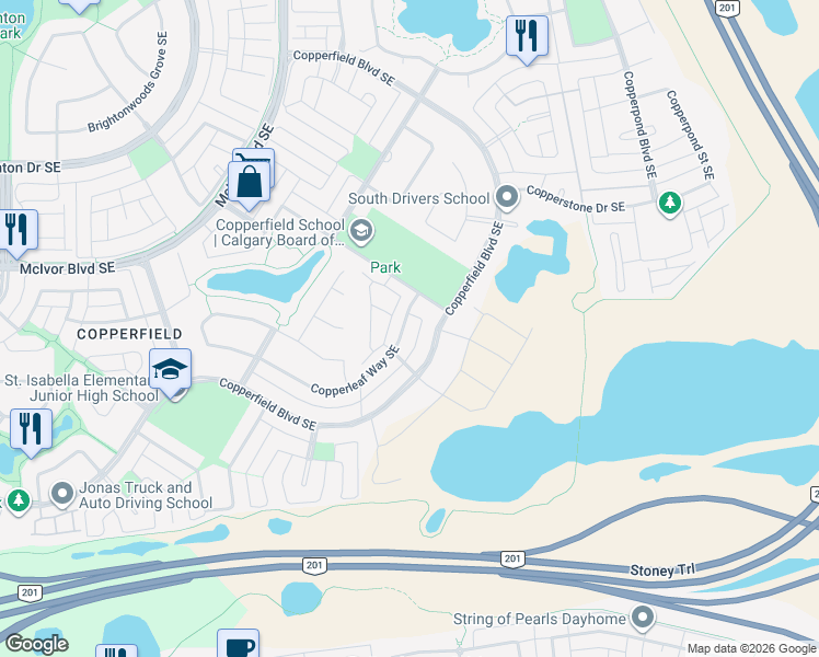 map of restaurants, bars, coffee shops, grocery stores, and more near 99 Copperstone Road Southeast in Calgary