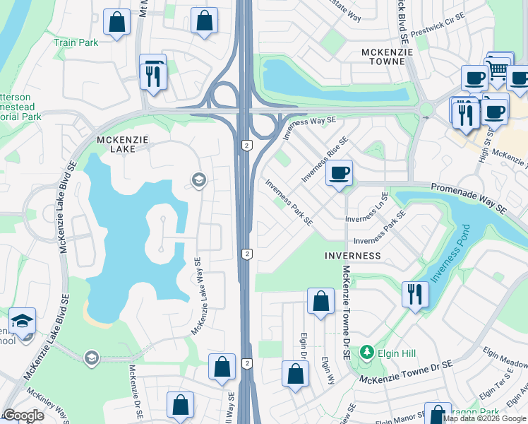 map of restaurants, bars, coffee shops, grocery stores, and more near 21 Inverness Grove Southeast in Calgary