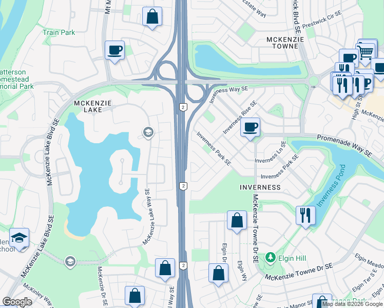 map of restaurants, bars, coffee shops, grocery stores, and more near 21 Inverness Grove Southeast in Calgary