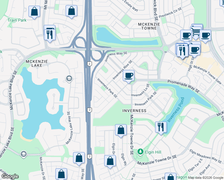 map of restaurants, bars, coffee shops, grocery stores, and more near 127 Inverness Lane Southeast in Calgary