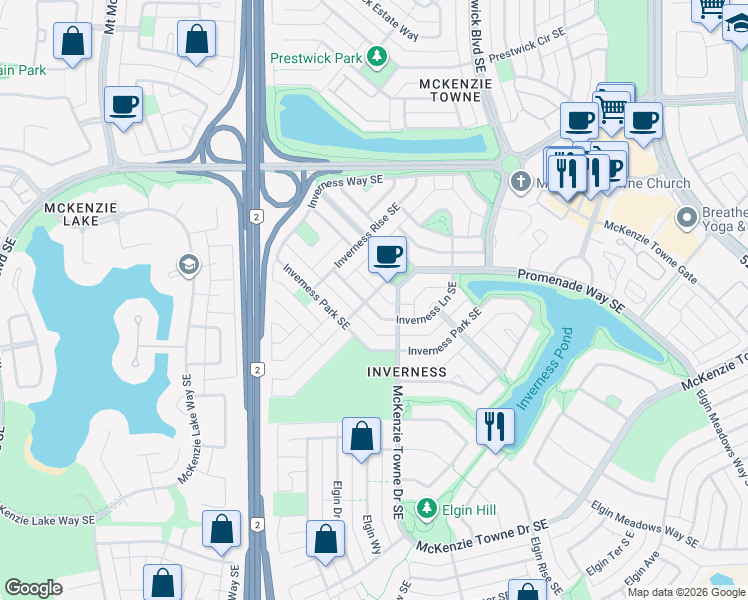 map of restaurants, bars, coffee shops, grocery stores, and more near 110 Inverness Lane Southeast in Calgary