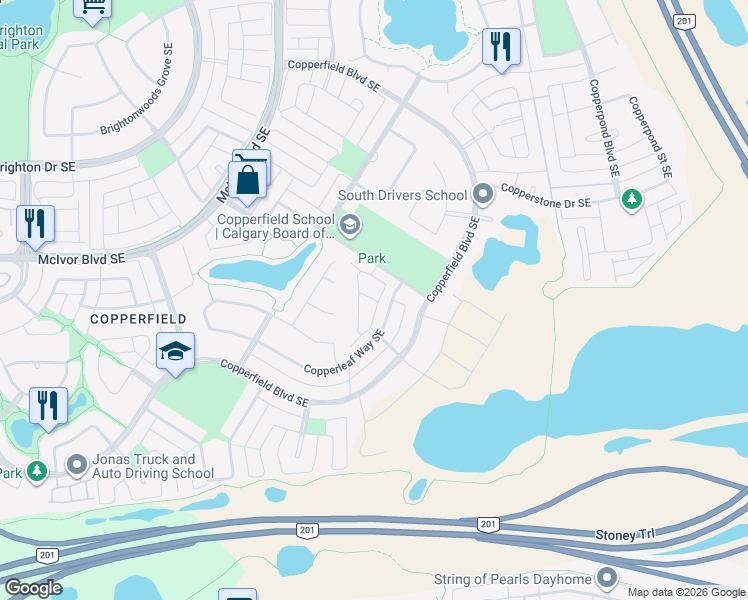 map of restaurants, bars, coffee shops, grocery stores, and more near 99 Copperstone Road Southeast in Calgary