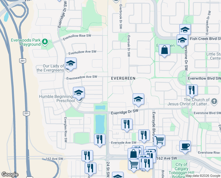 map of restaurants, bars, coffee shops, grocery stores, and more near 90 Everoak Gardens Southwest in Calgary