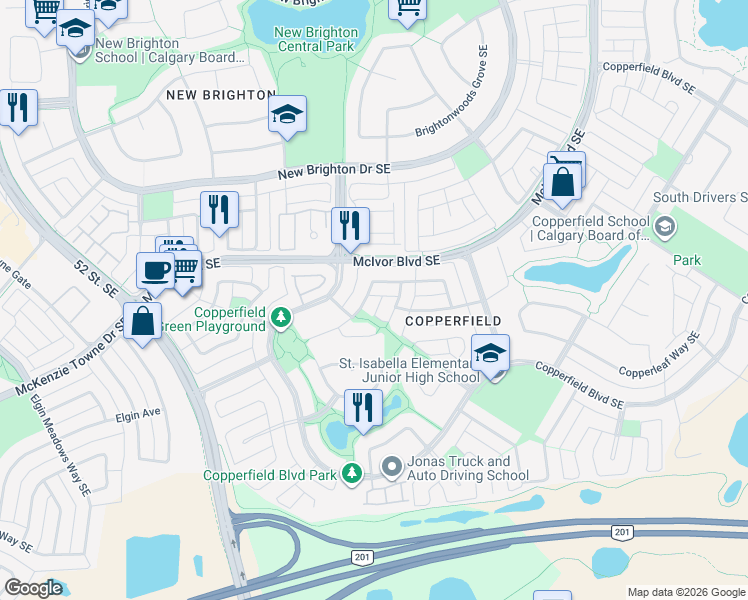 map of restaurants, bars, coffee shops, grocery stores, and more near 27 Copperfield Rise Southeast in Calgary