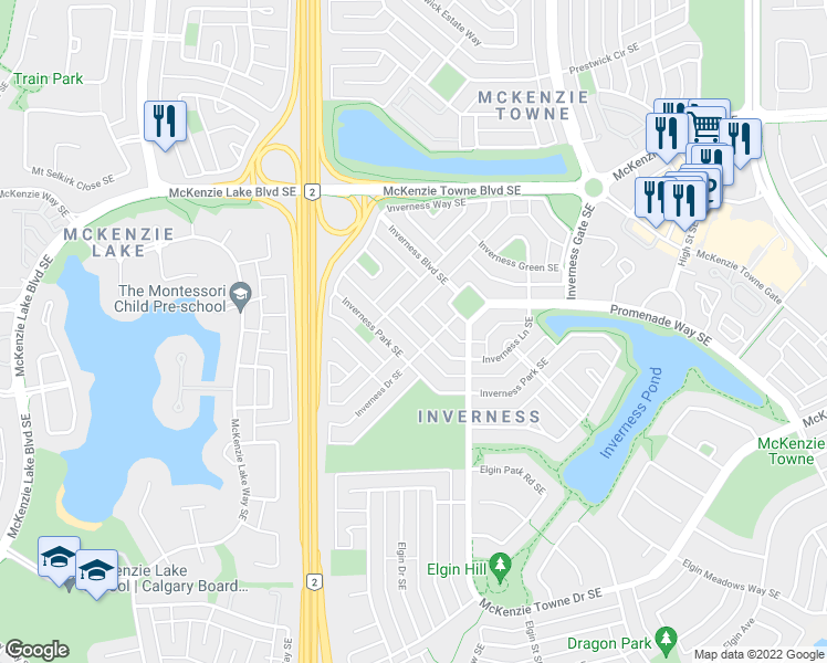 map of restaurants, bars, coffee shops, grocery stores, and more near 127 Inverness Lane Southeast in Calgary