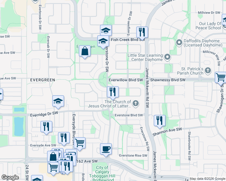 map of restaurants, bars, coffee shops, grocery stores, and more near 210 Everwillow Close Southwest in Calgary