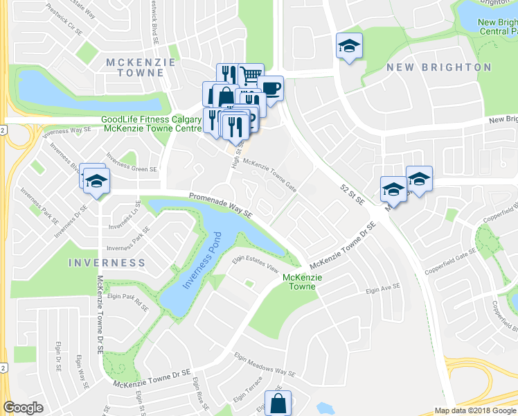 map of restaurants, bars, coffee shops, grocery stores, and more near 328 McKenzie Towne Link Southeast in Calgary