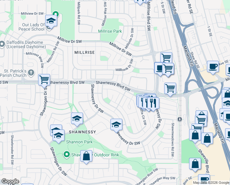 map of restaurants, bars, coffee shops, grocery stores, and more near in Calgary
