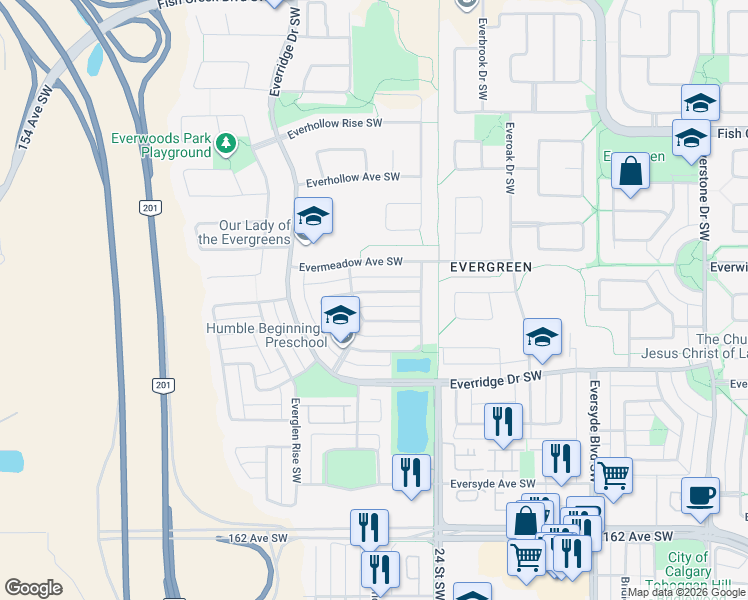 map of restaurants, bars, coffee shops, grocery stores, and more near 637 Evermeadow Road Southwest in Calgary