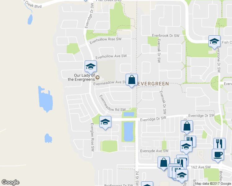 map of restaurants, bars, coffee shops, grocery stores, and more near 637 Evermeadow Road Southwest in Calgary