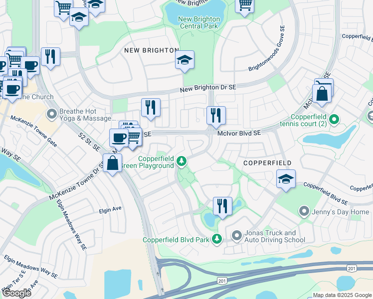 map of restaurants, bars, coffee shops, grocery stores, and more near 17 Copperfield Court Southeast in Calgary