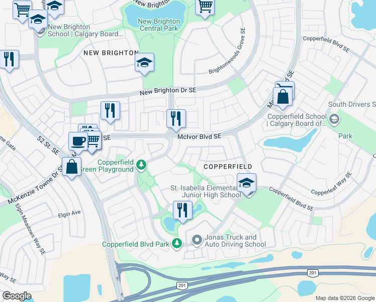 map of restaurants, bars, coffee shops, grocery stores, and more near 27 Copperfield Rise Southeast in Calgary