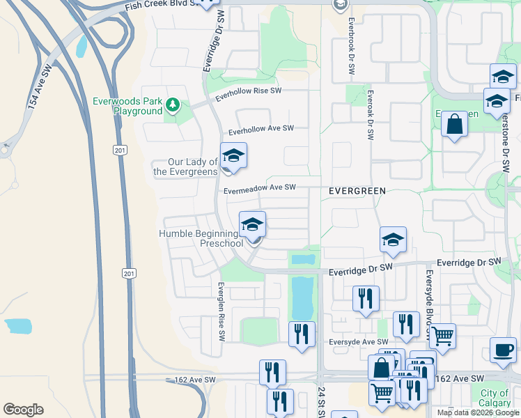 map of restaurants, bars, coffee shops, grocery stores, and more near Evermeadow Road Southwest in Calgary