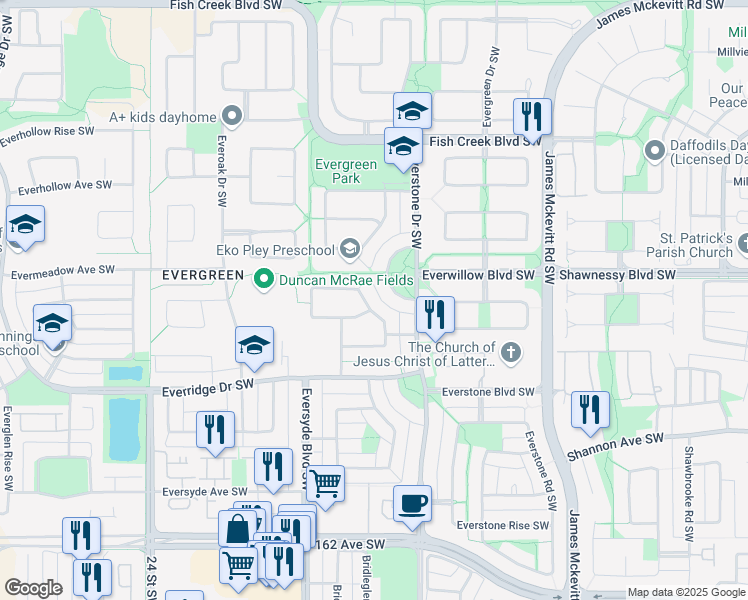 map of restaurants, bars, coffee shops, grocery stores, and more near 48 Eversyde Way Southwest in Calgary