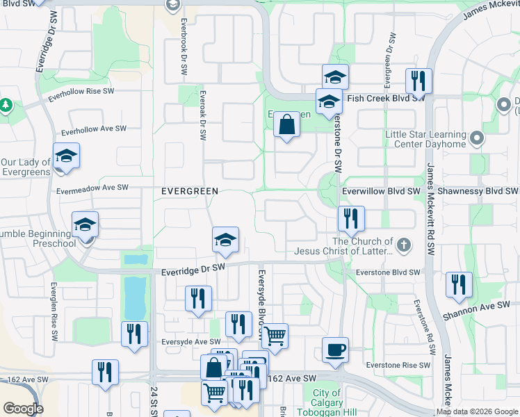 map of restaurants, bars, coffee shops, grocery stores, and more near 264 Eversyde Way Southwest in Calgary