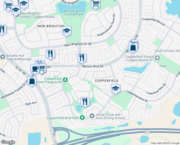 map of restaurants, bars, coffee shops, grocery stores, and more near 79 Copperfield Rise Southeast in Calgary
