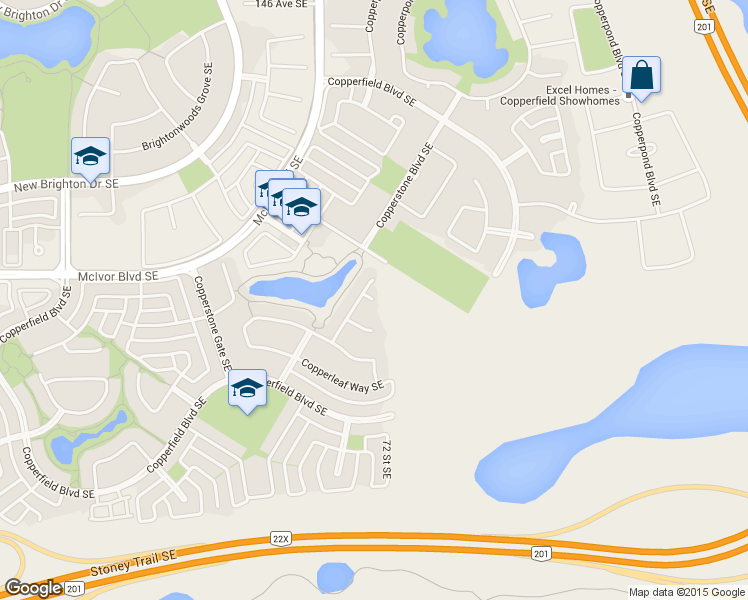 map of restaurants, bars, coffee shops, grocery stores, and more near 121 Copperleaf Bay SE in Calgary