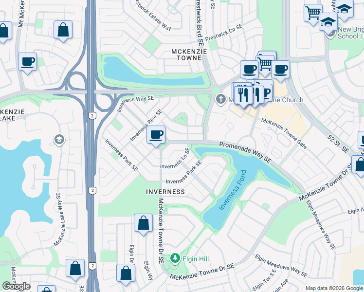 map of restaurants, bars, coffee shops, grocery stores, and more near 21 Inverness Lane Southeast in Calgary