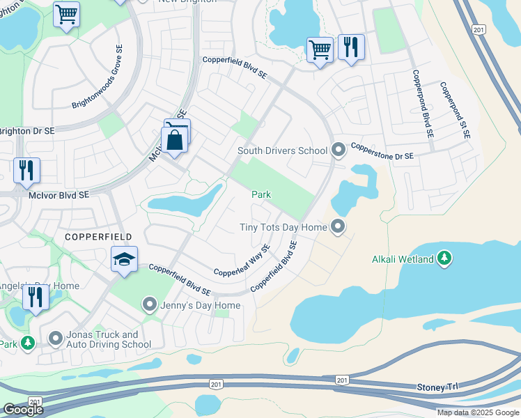 map of restaurants, bars, coffee shops, grocery stores, and more near 99 Copperstone Road Southeast in Calgary