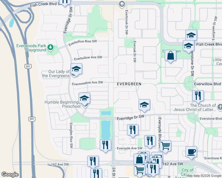 map of restaurants, bars, coffee shops, grocery stores, and more near 90 Everoak Gardens Southwest in Calgary