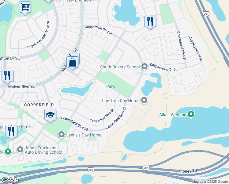 map of restaurants, bars, coffee shops, grocery stores, and more near 99 Copperstone Road Southeast in Calgary