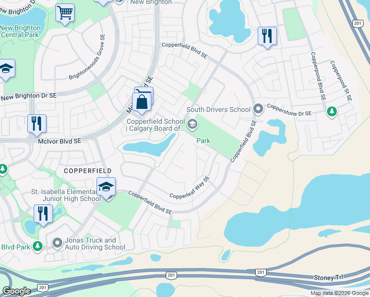 map of restaurants, bars, coffee shops, grocery stores, and more near 121 Copperleaf Bay Southeast in Calgary