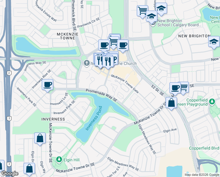 map of restaurants, bars, coffee shops, grocery stores, and more near 20 Promenade Park Southeast in Calgary