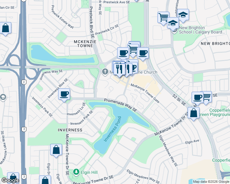 map of restaurants, bars, coffee shops, grocery stores, and more near 80 Promenade Way Southeast in Calgary