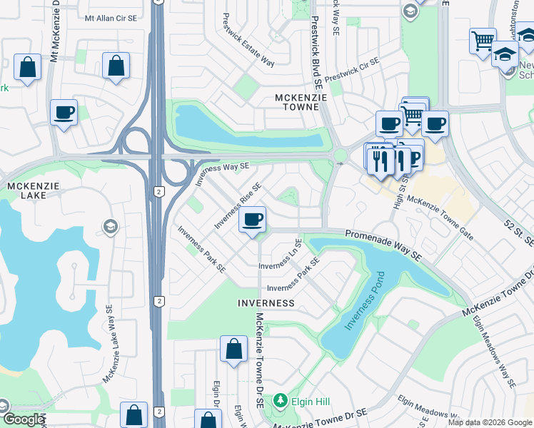 map of restaurants, bars, coffee shops, grocery stores, and more near 21 Inverness Green Southeast in Calgary