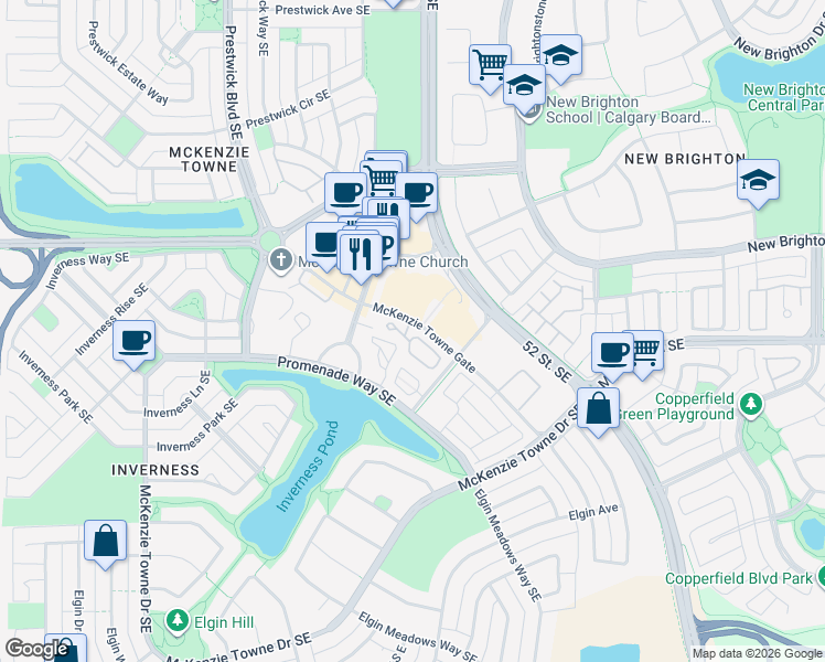 map of restaurants, bars, coffee shops, grocery stores, and more near 191 McKenzie Towne Gate in Calgary
