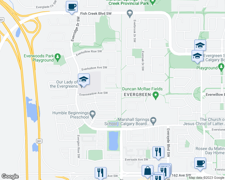 map of restaurants, bars, coffee shops, grocery stores, and more near 240 Evermeadow Avenue Southwest in Calgary