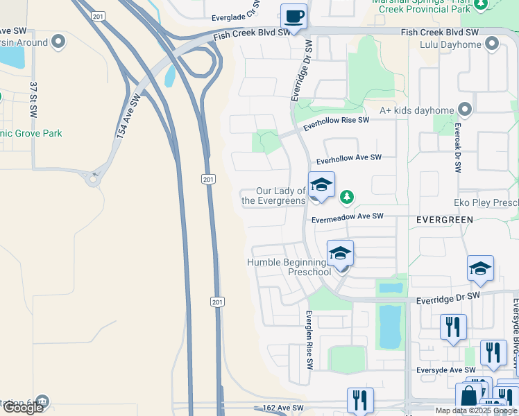 map of restaurants, bars, coffee shops, grocery stores, and more near Everglen Crescent Southwest in Calgary