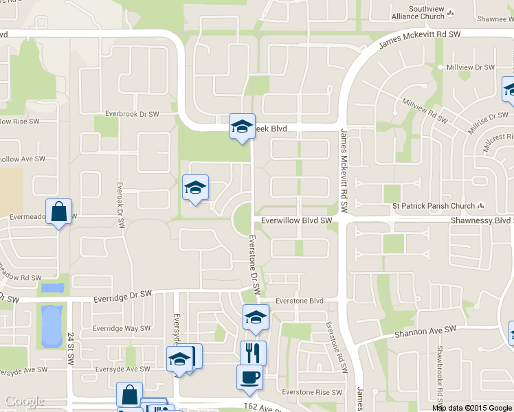 map of restaurants, bars, coffee shops, grocery stores, and more near 250 Everstone Drive Southwest in Calgary