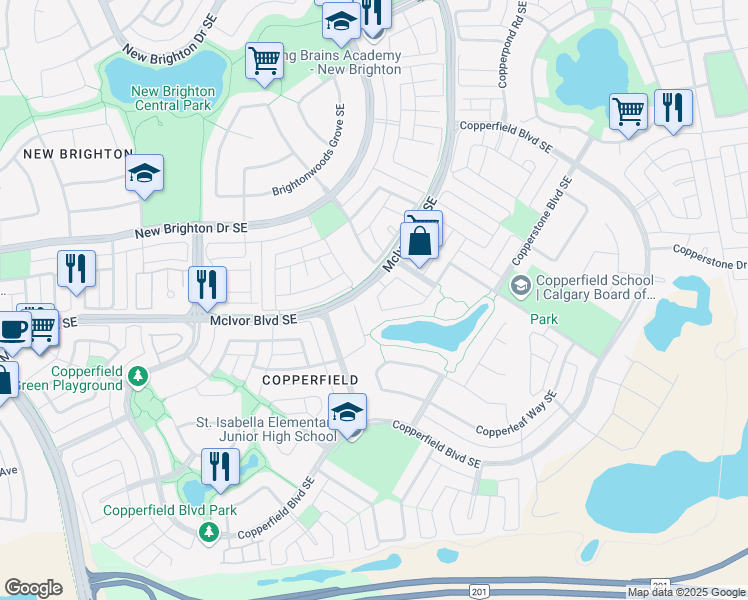 map of restaurants, bars, coffee shops, grocery stores, and more near 148 Copperstone Cove Southeast in Calgary