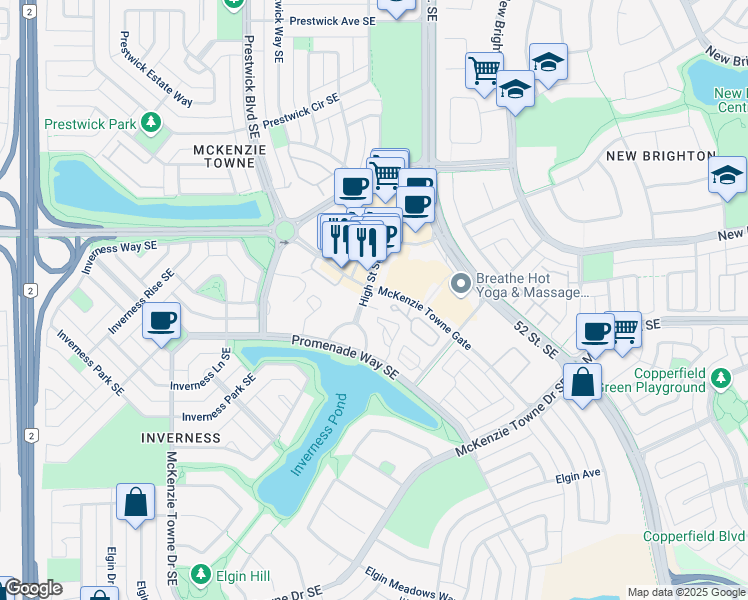 map of restaurants, bars, coffee shops, grocery stores, and more near 70 High Street Southeast in Calgary