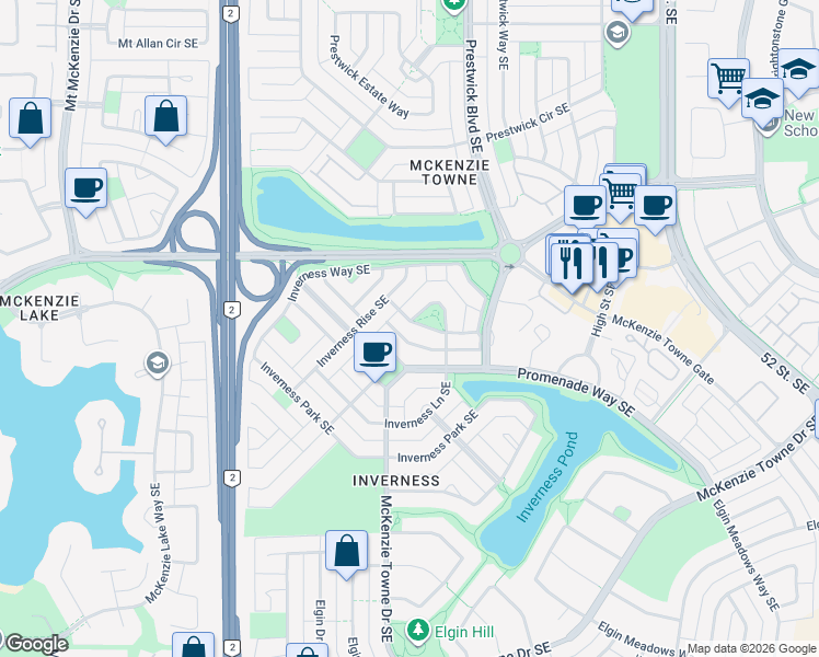 map of restaurants, bars, coffee shops, grocery stores, and more near 21 Inverness Green Southeast in Calgary