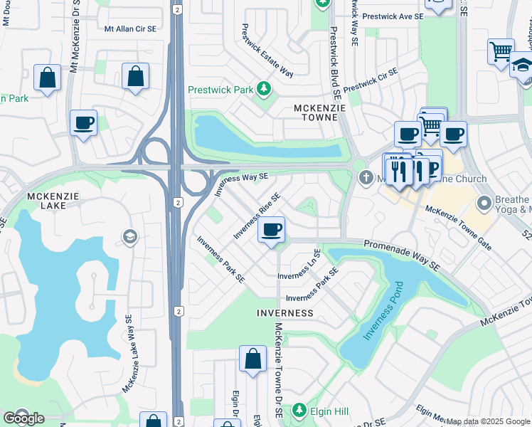 map of restaurants, bars, coffee shops, grocery stores, and more near 73 Inverness Rise Southeast in Calgary