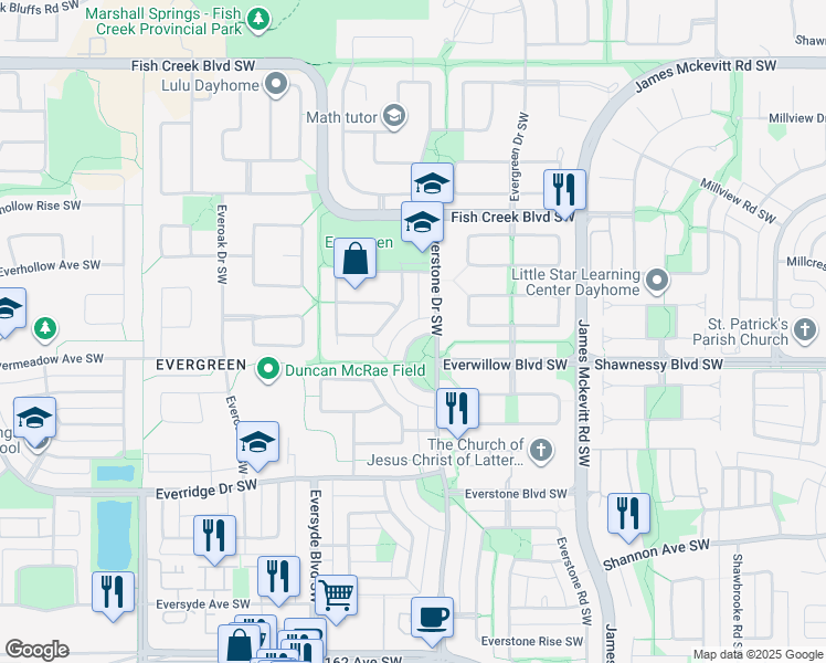 map of restaurants, bars, coffee shops, grocery stores, and more near 26 Everwillow Circle Southwest in Calgary