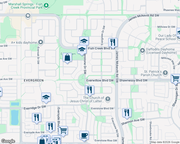 map of restaurants, bars, coffee shops, grocery stores, and more near 250 Everstone Drive Southwest in Calgary