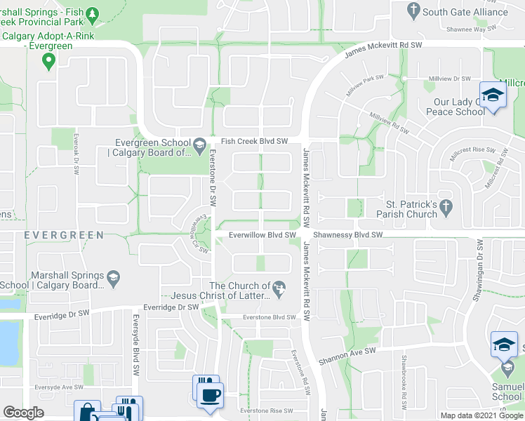 map of restaurants, bars, coffee shops, grocery stores, and more near Everwillow Green Southwest in Calgary
