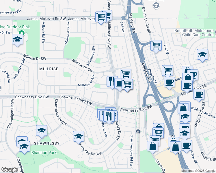 map of restaurants, bars, coffee shops, grocery stores, and more near 47 Millbank Road Southwest in Calgary