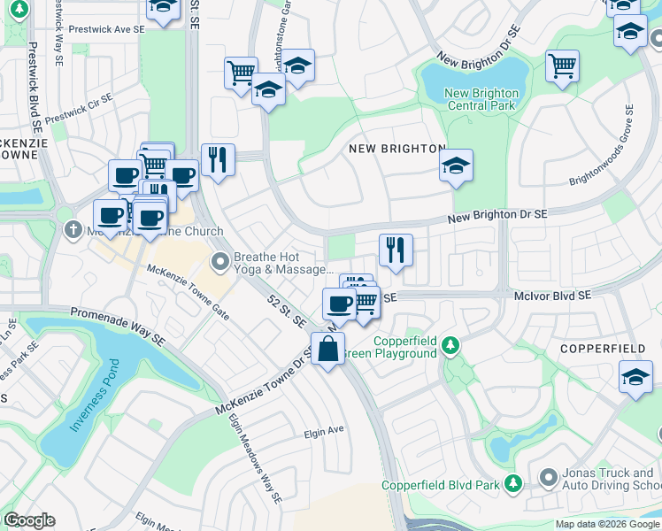 map of restaurants, bars, coffee shops, grocery stores, and more near 20 New Brighton Gardens Southeast in Calgary