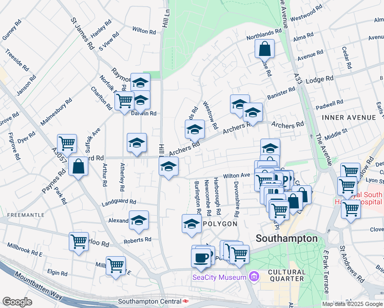 map of restaurants, bars, coffee shops, grocery stores, and more near The Dell in Southampton