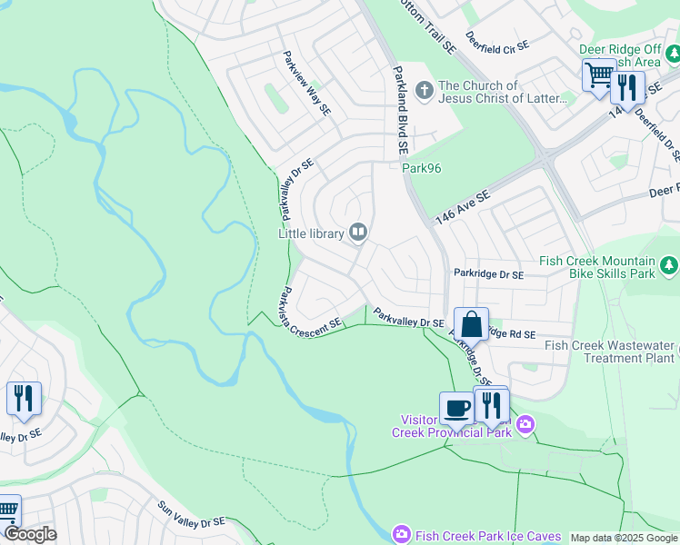 map of restaurants, bars, coffee shops, grocery stores, and more near 427 Parkvalley Drive Southeast in Calgary