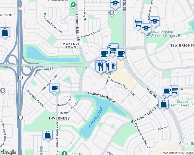 map of restaurants, bars, coffee shops, grocery stores, and more near 240 McKenzie Towne Lane Southeast in Calgary