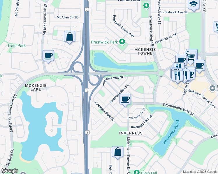 map of restaurants, bars, coffee shops, grocery stores, and more near 51 Inverness Boulevard Southeast in Calgary
