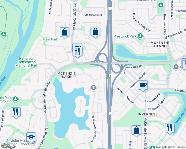 map of restaurants, bars, coffee shops, grocery stores, and more near 638 McKenzie Lake Bay Southeast in Calgary