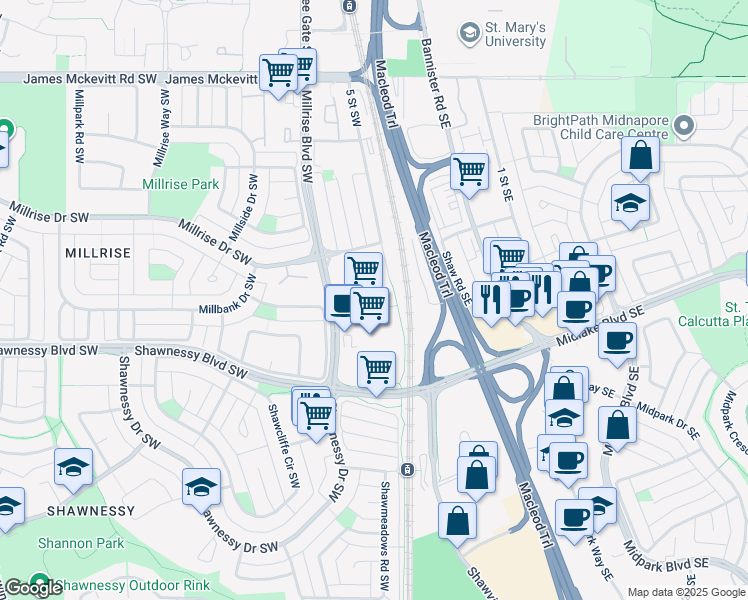 map of restaurants, bars, coffee shops, grocery stores, and more near in Calgary