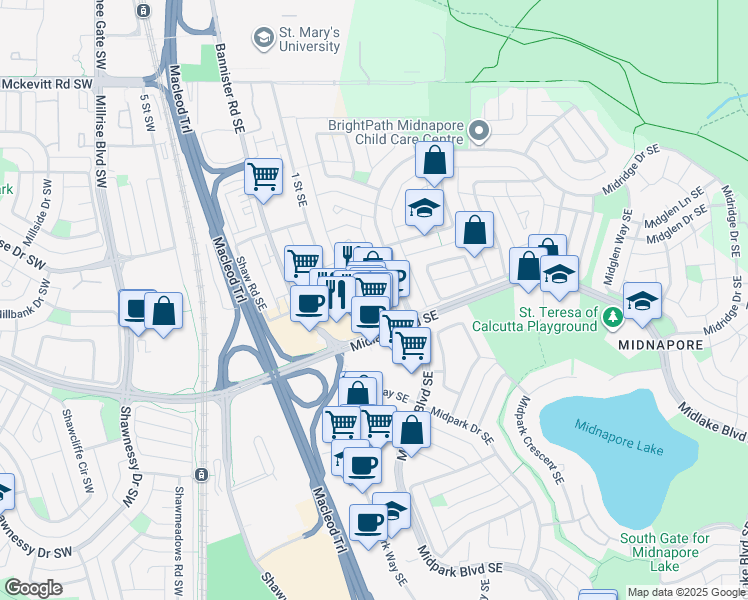 map of restaurants, bars, coffee shops, grocery stores, and more near 403 153 Avenue Southeast in Calgary
