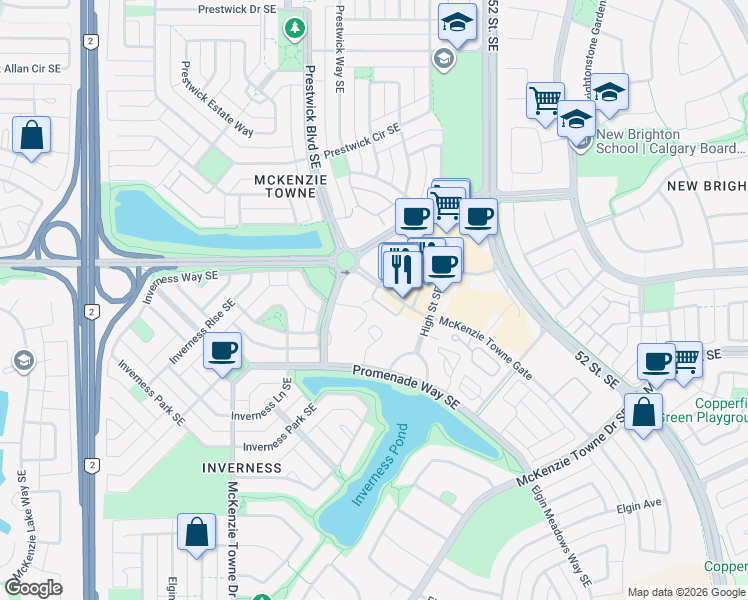 map of restaurants, bars, coffee shops, grocery stores, and more near McKenzie Towne Lane Southeast in Calgary